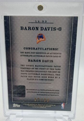 2008-09 Topps Letterman Basketball Baron Davis Auto Jumbo Patch /33 Warriors