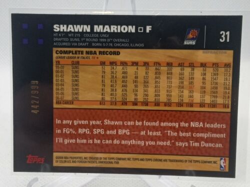 2007-08 Topps Chrome Refractor Ser# /999 Shawn Marion