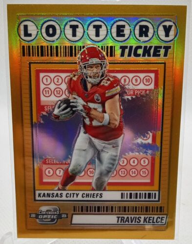 2023 Panini Contenders Optic Football Travis Kelce Lottery Ticket Gold Prizm /10