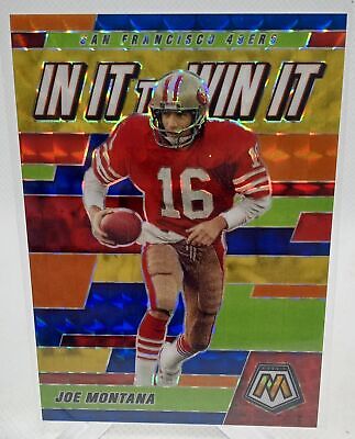 2021 Panini Mosaic #WIN19 Joe Montana In It to Win It Prizm Blue #/99