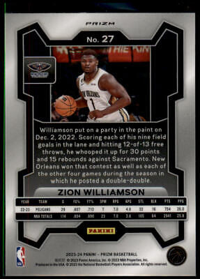 2023-24 Panini Prizm #27 Zion Williamson Prizms Hyper