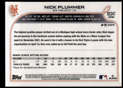 2022 Topps Chrome Update Sapphire Edition #US247 Nick Plummer Rookie