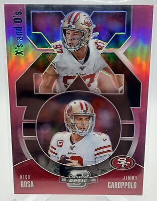 2020 Panini Contenders Optic #23 Jimmy Garoppolo / Nick Bosa Xs and Os Pink #/75