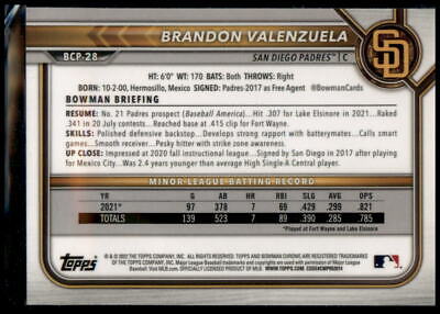 2022 Bowman #BCP-28 Brandon Valenzuela Chrome Prospects Mojo Refractor