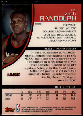 2001-02 Topps Pristine #87 Zach Randolph Refractors Rookie