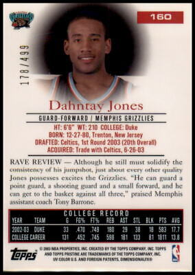 2003-04 Topps Pristine Black #160 Dahntay Jones #/499 Rookie