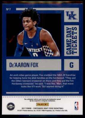 2017 Panini Contenders Draft Picks #7 De'Aaron Fox Game Day Tickets Rookie