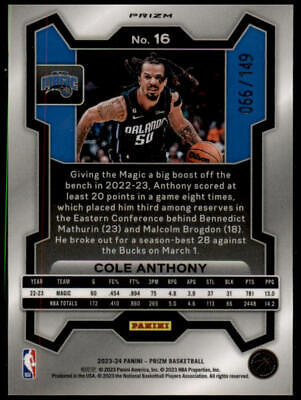 2023-24 Panini Prizm #16 Cole Anthony Prizms Purple Ice #/149