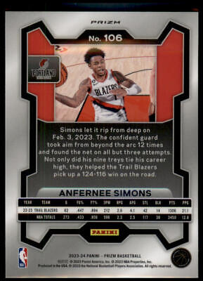 2023-24 Panini Prizm #106 Anfernee Simons Prizms Pink Ice