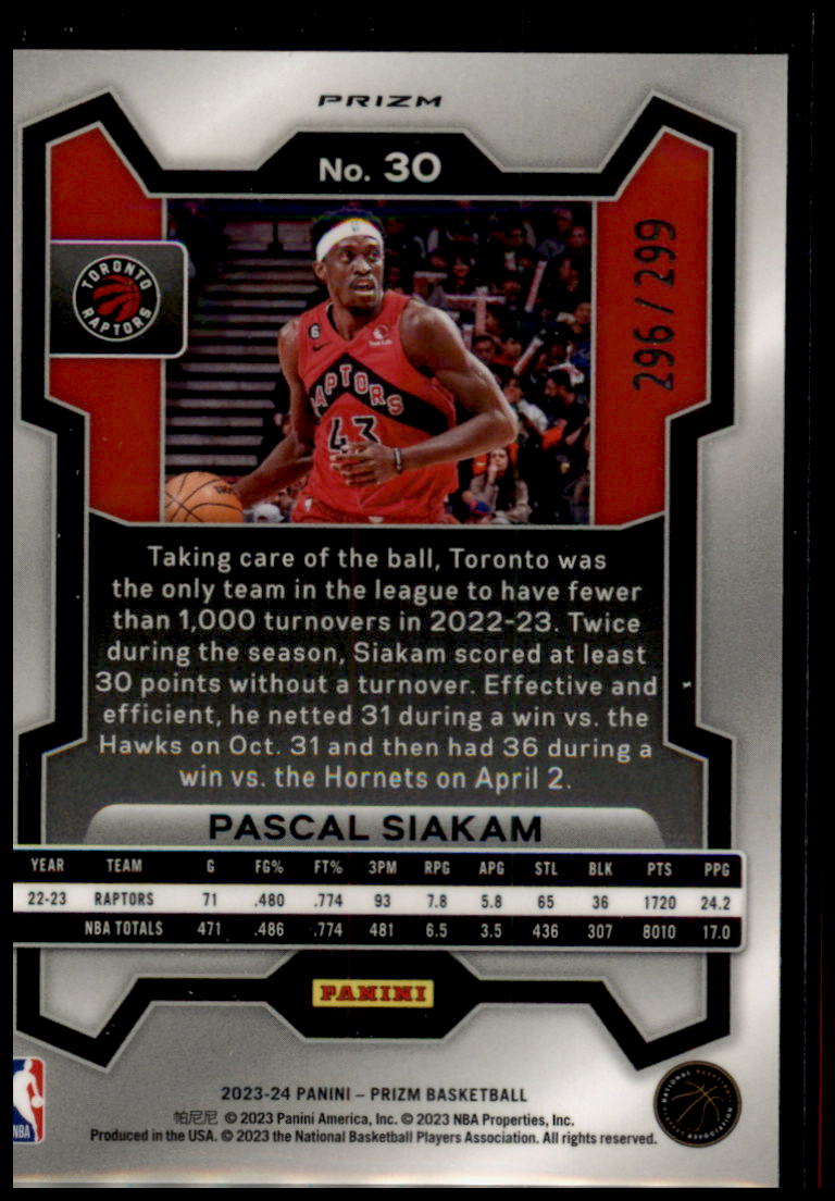 2023-24 Panini Prizm #30 Pascal Siakam Prizms Red Seismic #/299