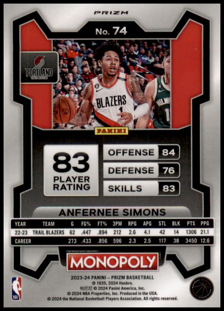 2023-24 Panini Prizm Monopoly #74 Anfernee Simons Purple