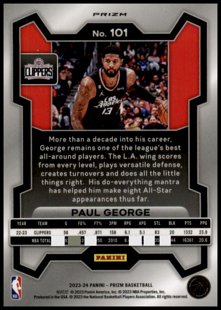 2023-24 Panini Prizm #101 Paul George Prizms Ice