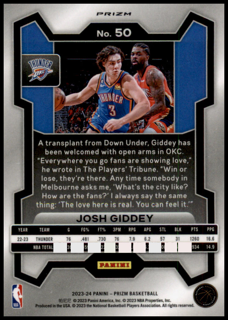 2023-24 Panini Prizm #50 Josh Giddey Prizms Ice