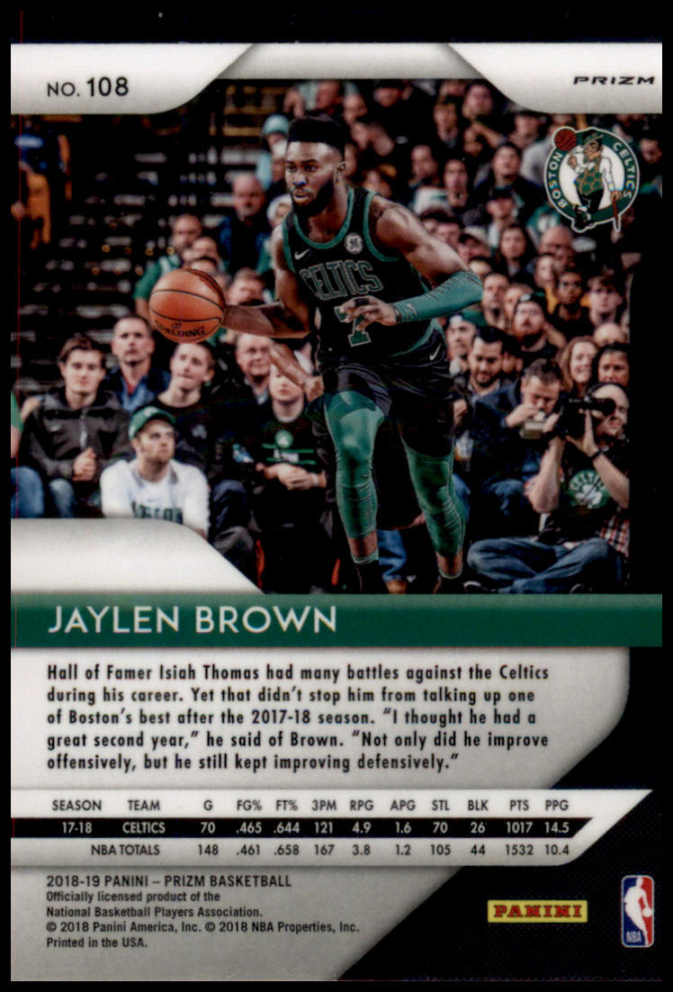 2018-19 Panini Prizm #108 Jaylen Brown Prizms Hyper