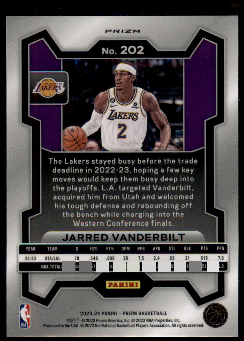 2023-24 Panini Prizm #202 Jarred Vanderbilt Prizms Hyper White Uniform