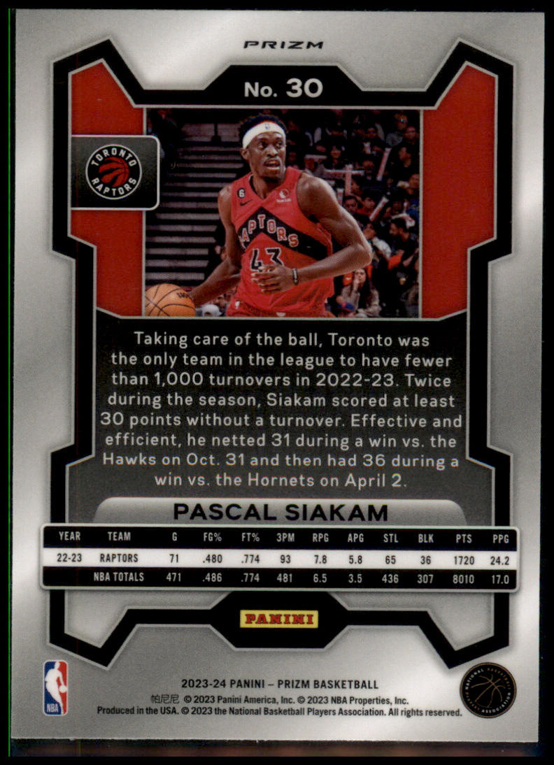 2023-24 Panini Prizm #30 Pascal Siakam Prizms Hyper