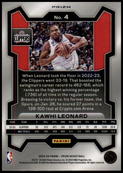 2023-24 Panini Prizm #4 Kawhi Leonard Prizms Ruby Wave