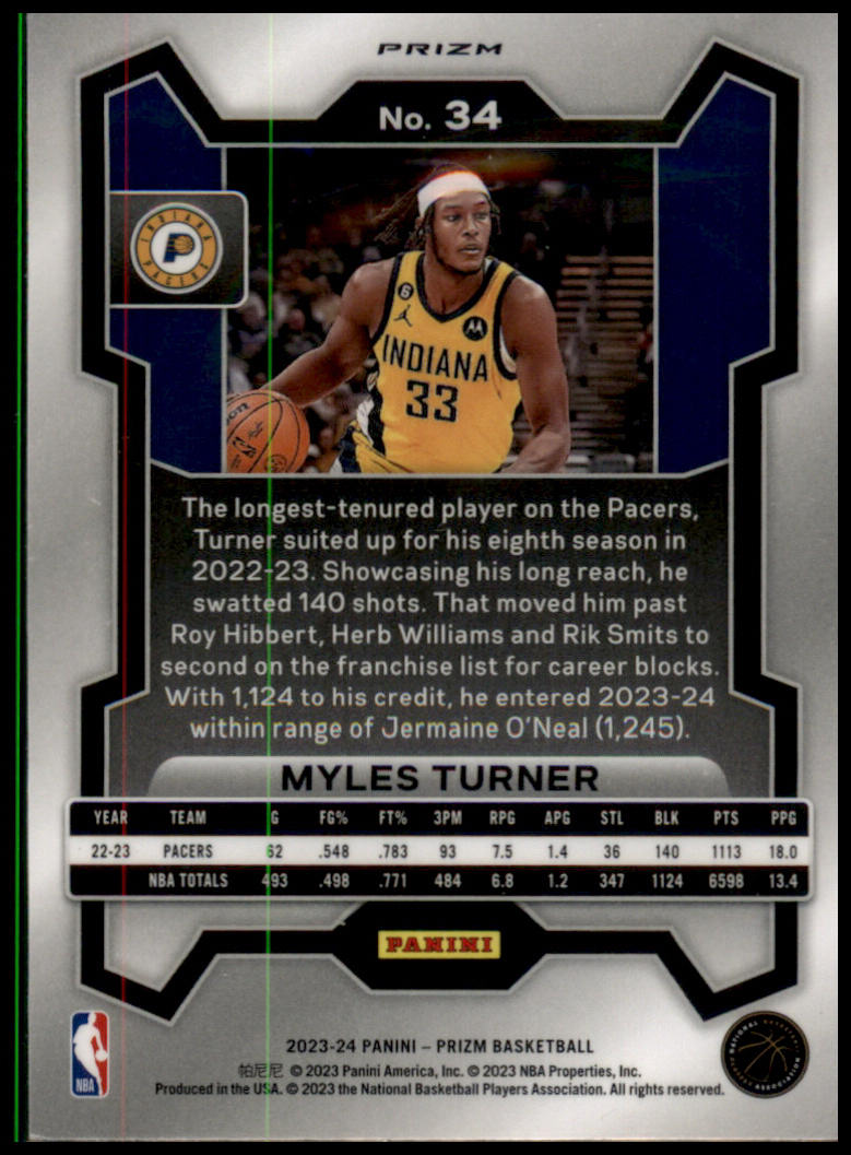 2023-24 Panini Prizm #34 Myles Turner Prizms Ruby Wave