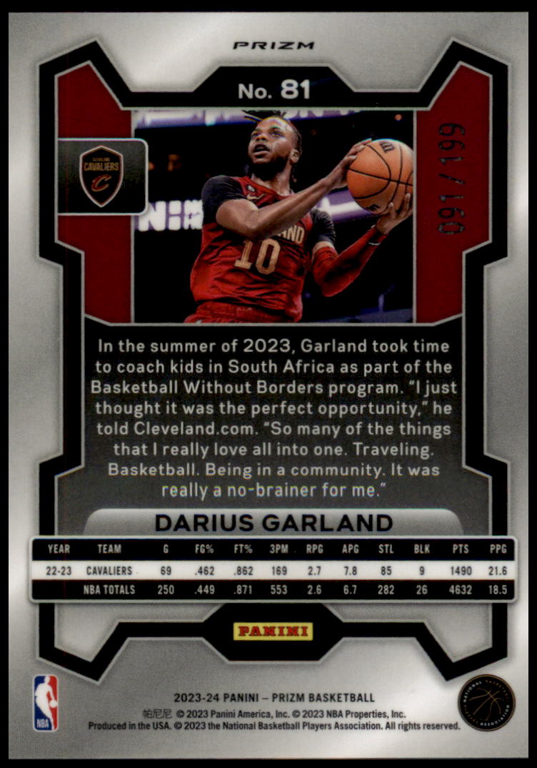 2023-24 Panini Prizm #81 Darius Garland Prizms Blue #/199