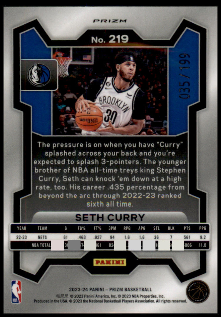 2023-24 Panini Prizm #219 Seth Curry Prizms Blue #/199