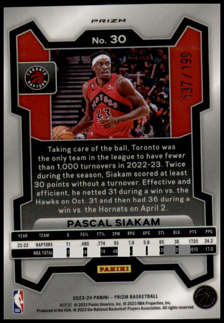 2023-24 Panini Prizm #30 Pascal Siakam Prizms Blue #/199