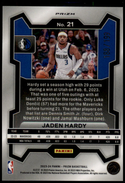 2023-24 Panini Prizm #21 Jaden Hardy Prizms Blue #/199