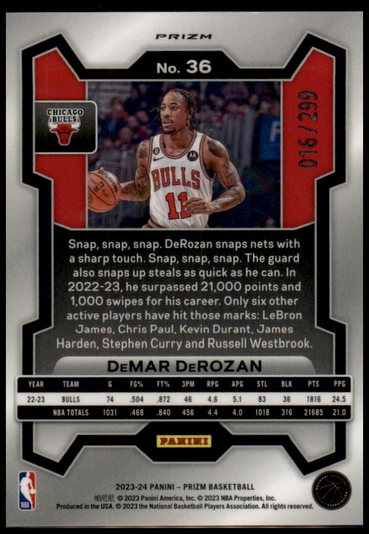 2023-24 Panini Prizm #36 DeMar DeRozan Prizms Red #/299