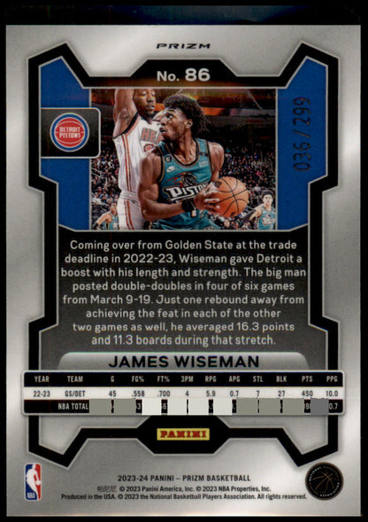 2023-24 Panini Prizm #86 James Wiseman Prizms Red #/299