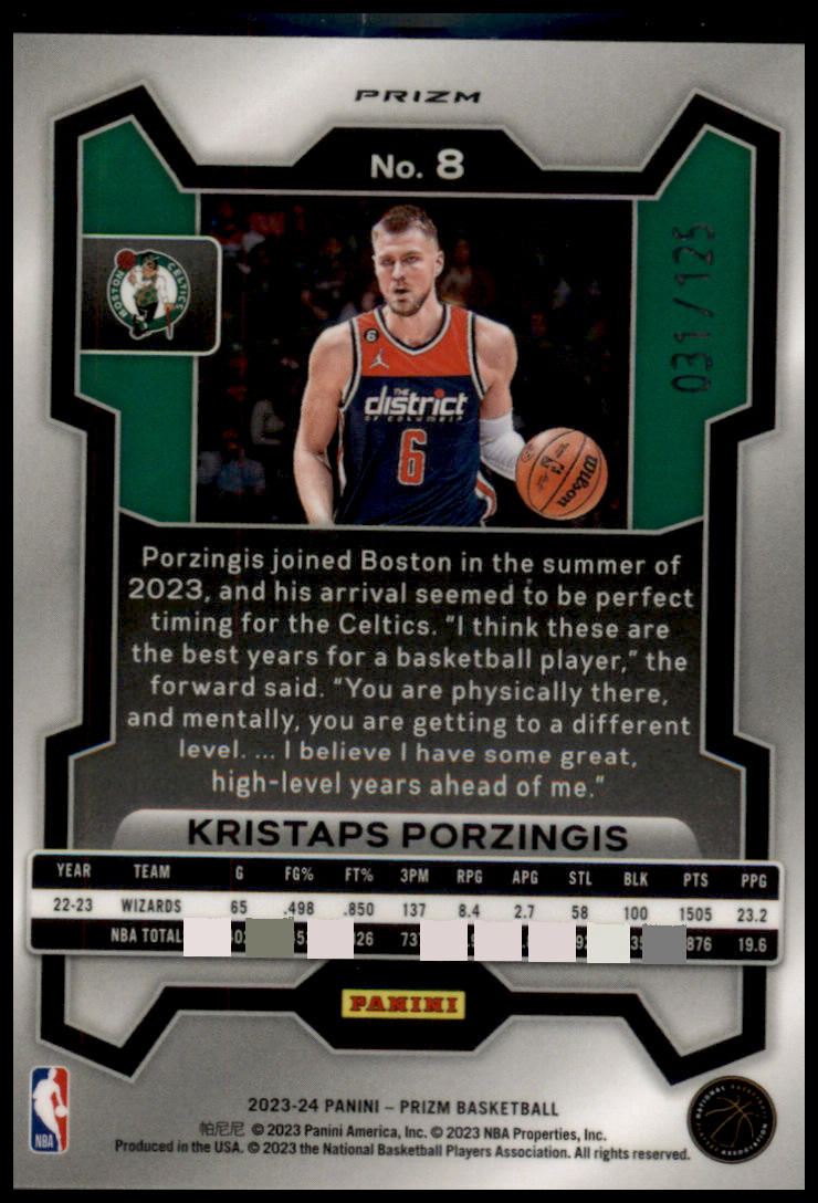 2023-24 Panini Prizm #8 Kristaps Porzingis Prizms Blue Ice #/125