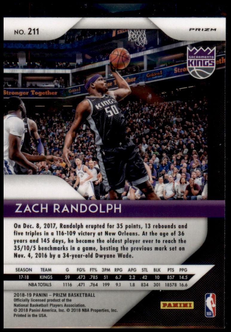 2018-19 Panini Prizm #211 Zach Randolph Prizms Ruby Wave