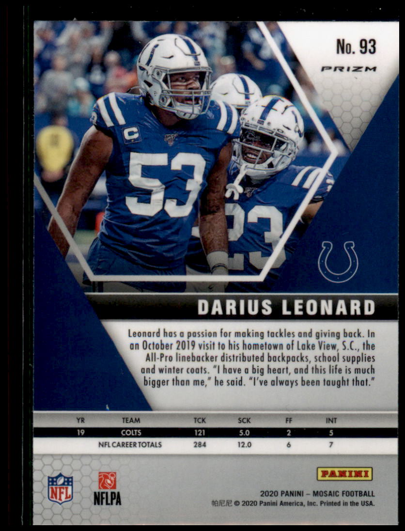 2020 Panini Mosaic #93 Darius Leonard Prizm Reactive Gold