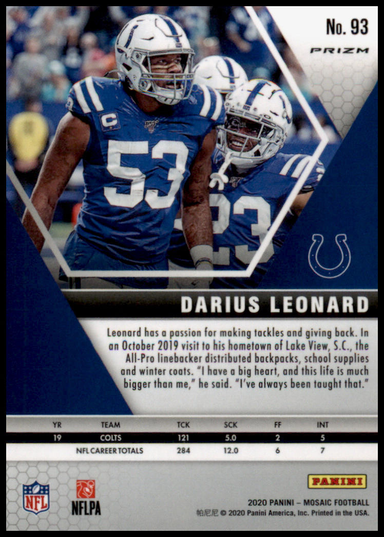 2020 Panini Mosaic #93 Darius Leonard Prizm Reactive Blue