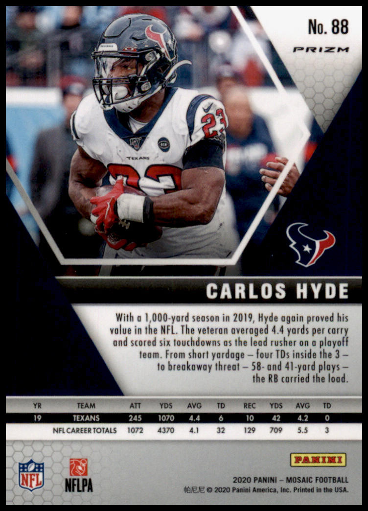 2020 Panini Mosaic #88 Carlos Hyde Prizm Red