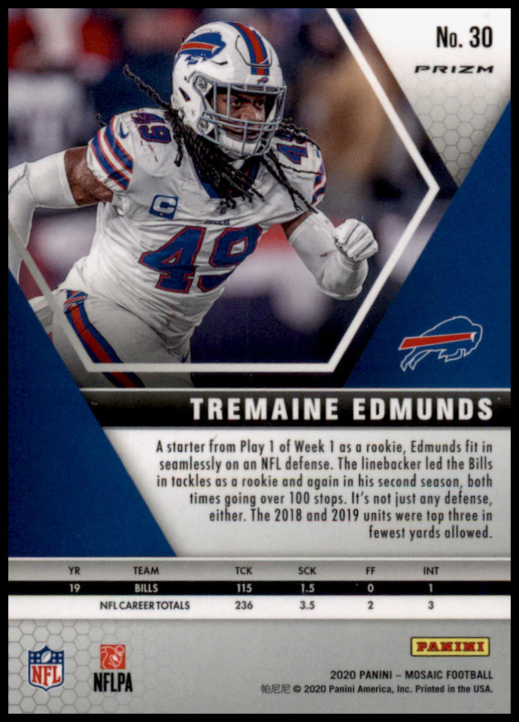 2020 Panini Mosaic #30 Tremaine Edmunds Prizm Red