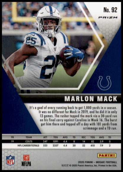 2020 Panini Mosaic #92 Marlon Mack Prizm Reactive Orange