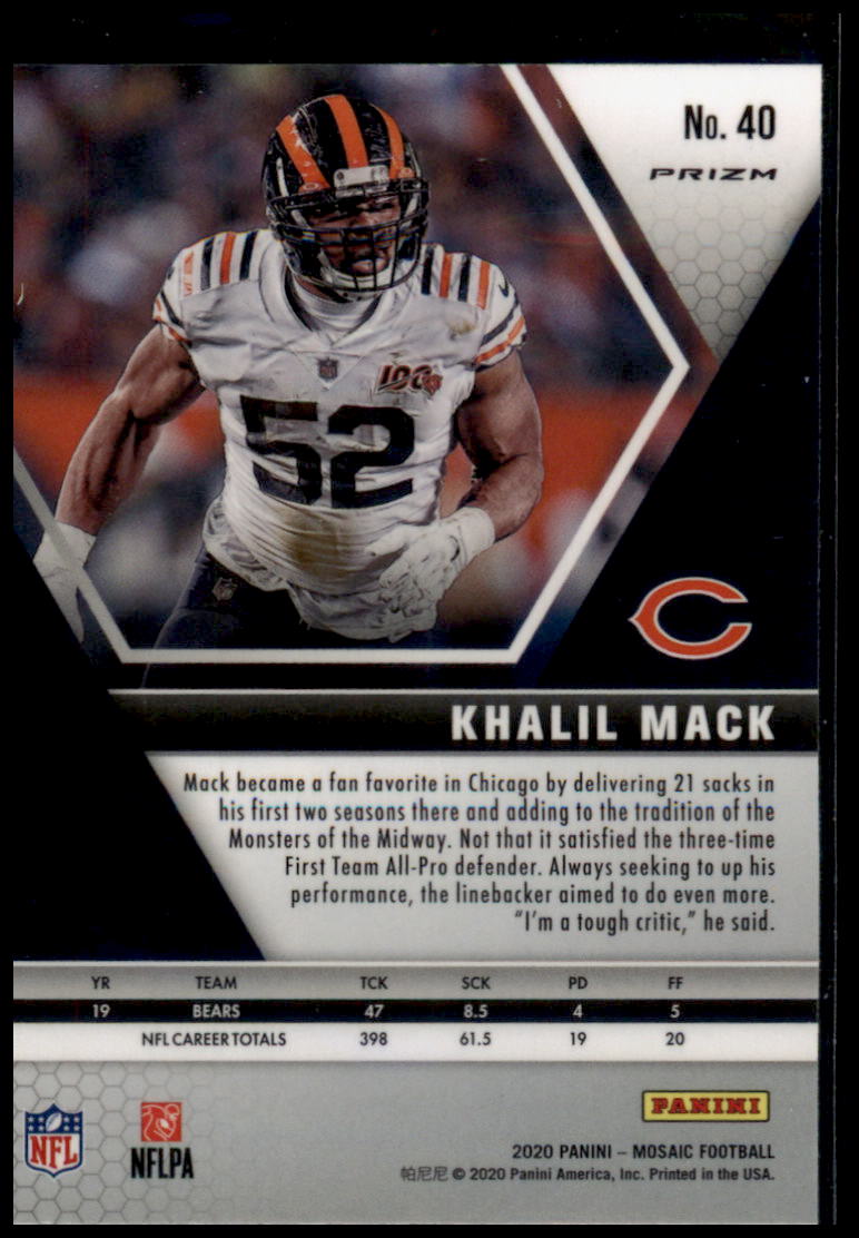 2020 Panini Mosaic #40 Khalil Mack Prizm Reactive Gold