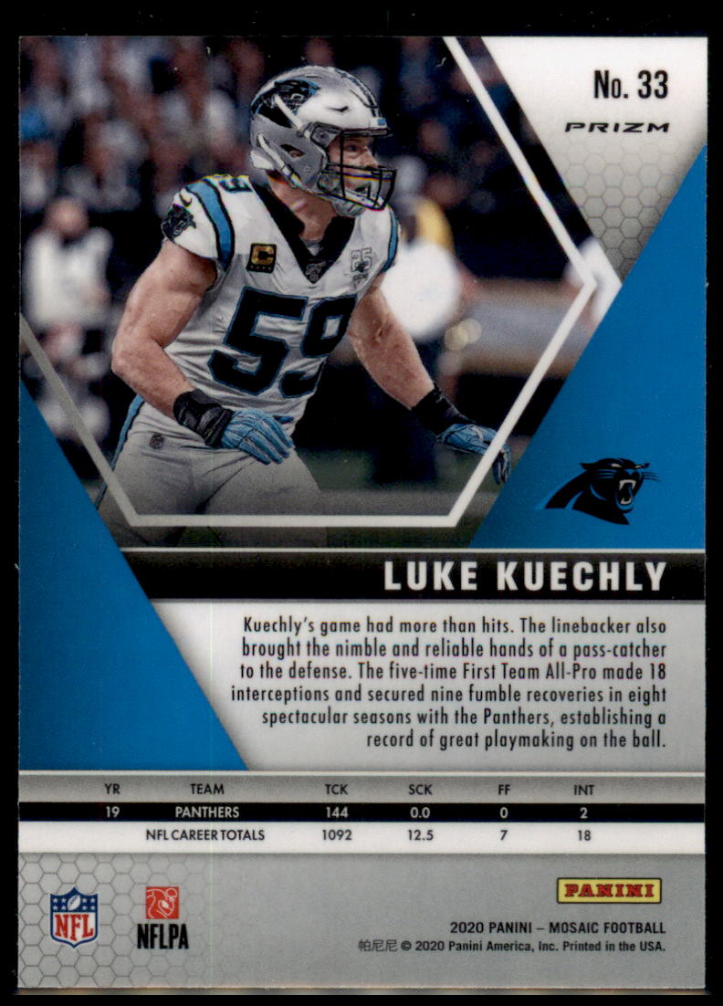 2020 Panini Mosaic #33 Luke Kuechly Prizm Reactive Gold