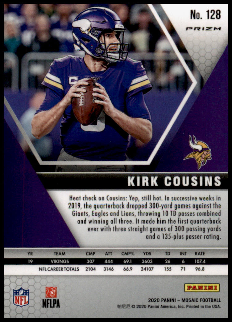 2020 Panini Mosaic #128 Kirk Cousins Prizm Reactive Gold