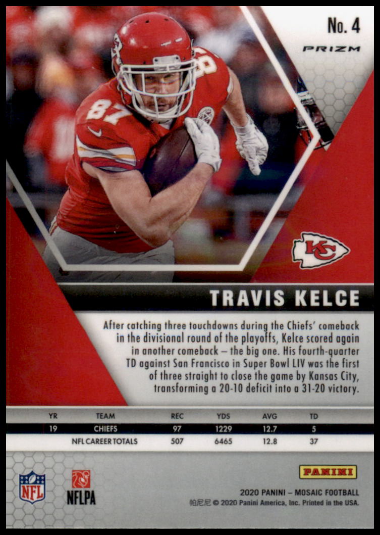 2020 Panini Mosaic #4 Travis Kelce Prizm Camo Pink