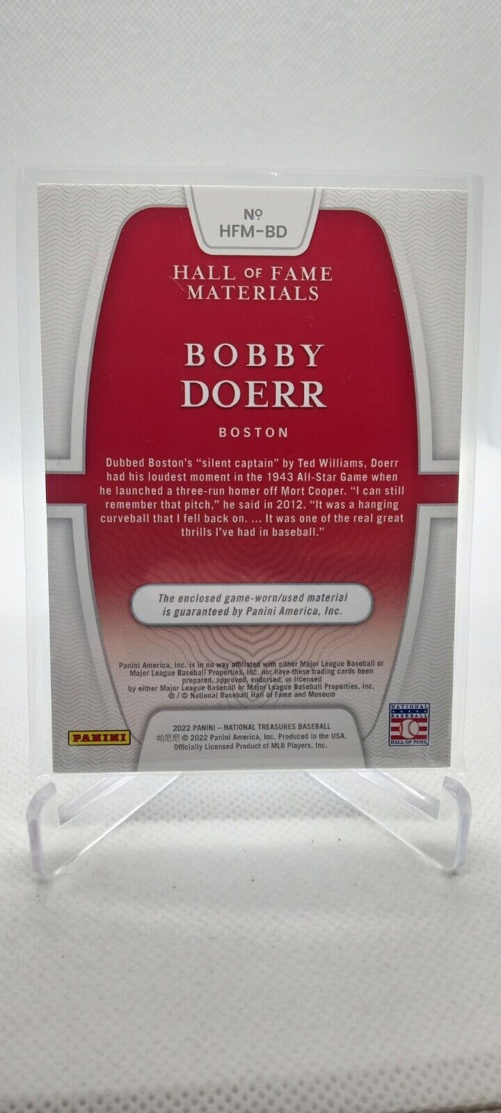 2022 Panini National Treasures Hall of Fame Holo Gold Bat 16/25 Bobby Doerr