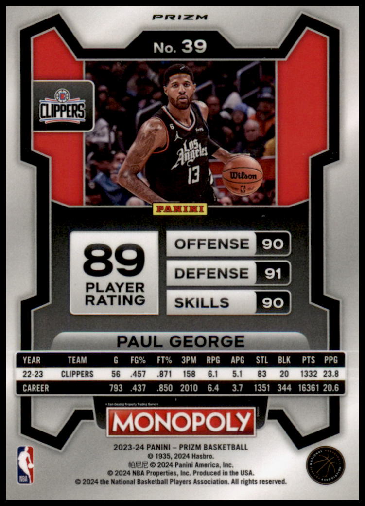 2023-24 Panini Prizm Monopoly #39 Paul George Purple