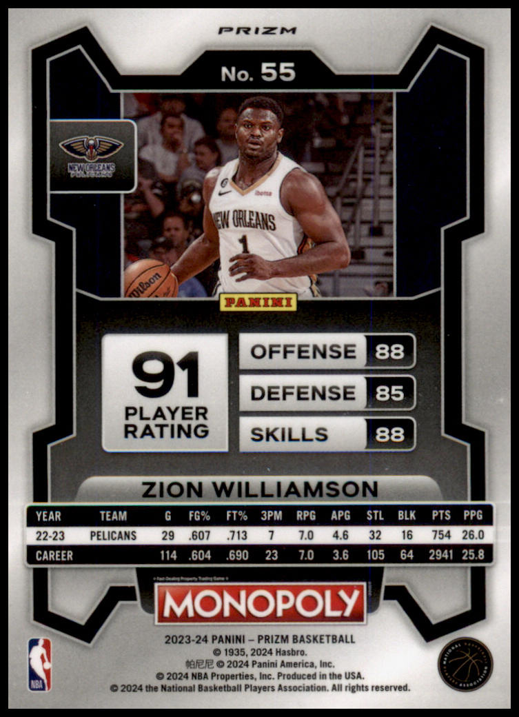 2023-24 Panini Prizm Monopoly #55 Zion Williamson Purple