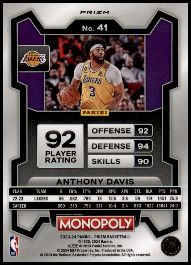 2023-24 Panini Prizm Monopoly #41 Anthony Davis Purple