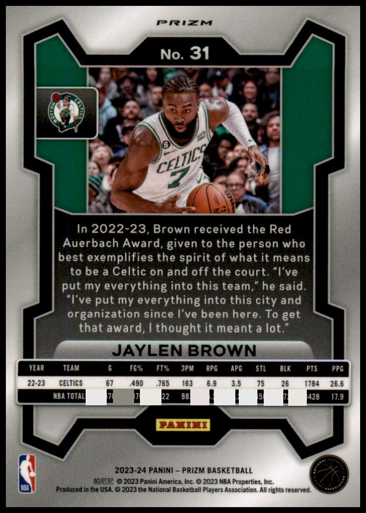 2023-24 Panini Prizm #31 Jaylen Brown Prizms Green