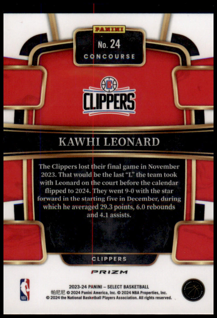 2023-24 Panini Select #24 Kawhi Leonard Red Cracked Ice Prizms