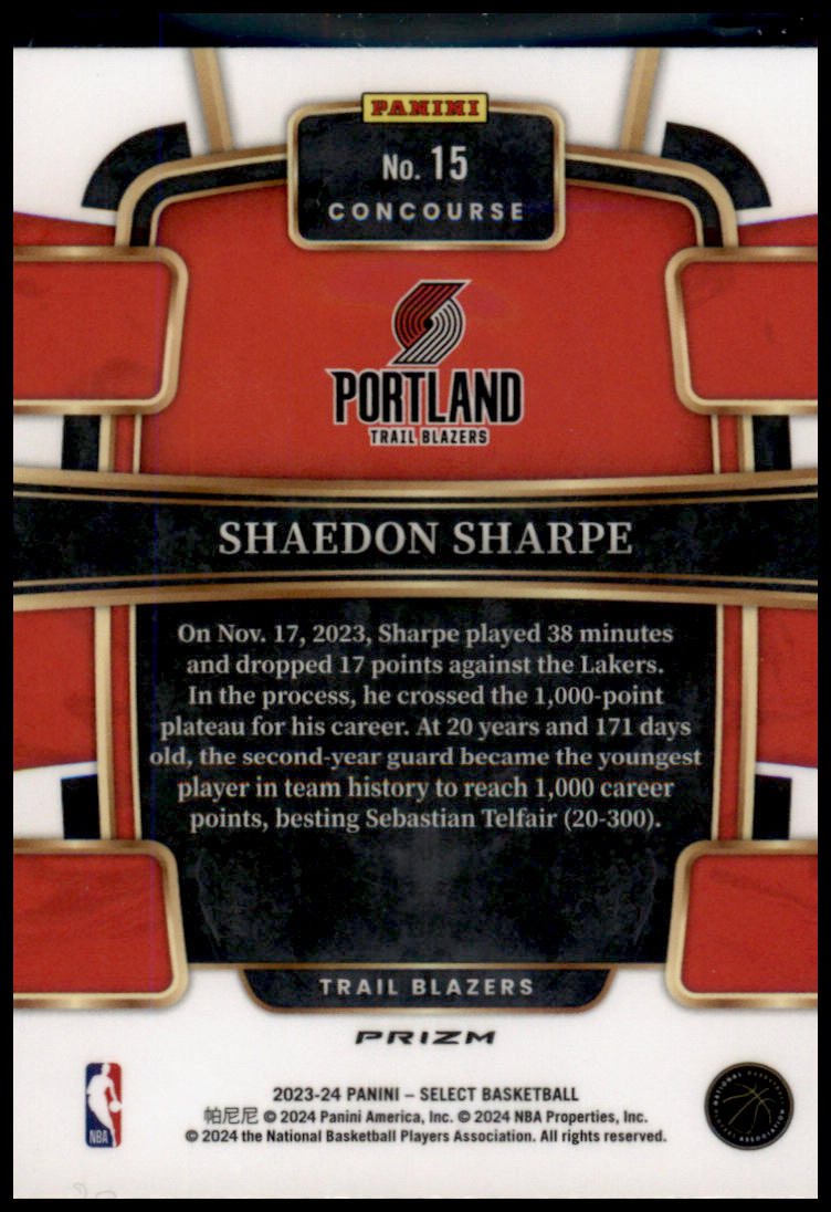 2023-24 Panini Select #15 Shaedon Sharpe Red Cracked Ice Prizms