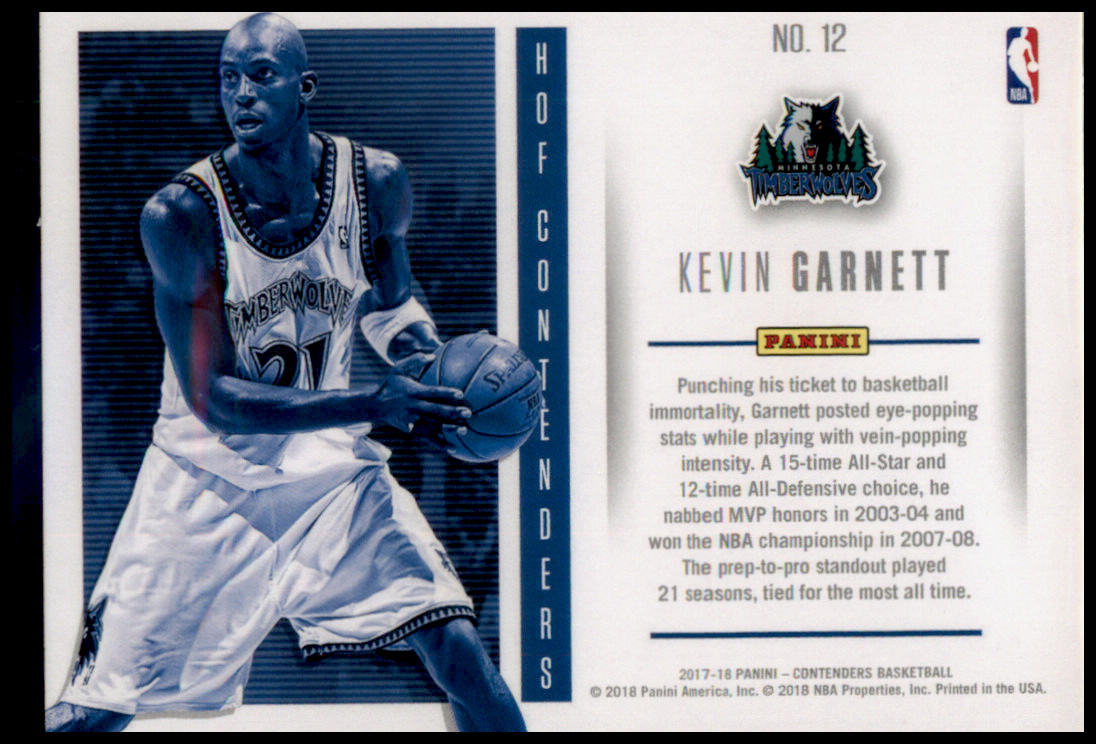 2017-18 Panini Contenders #12 Kevin Garnett Hall of Fame Contenders