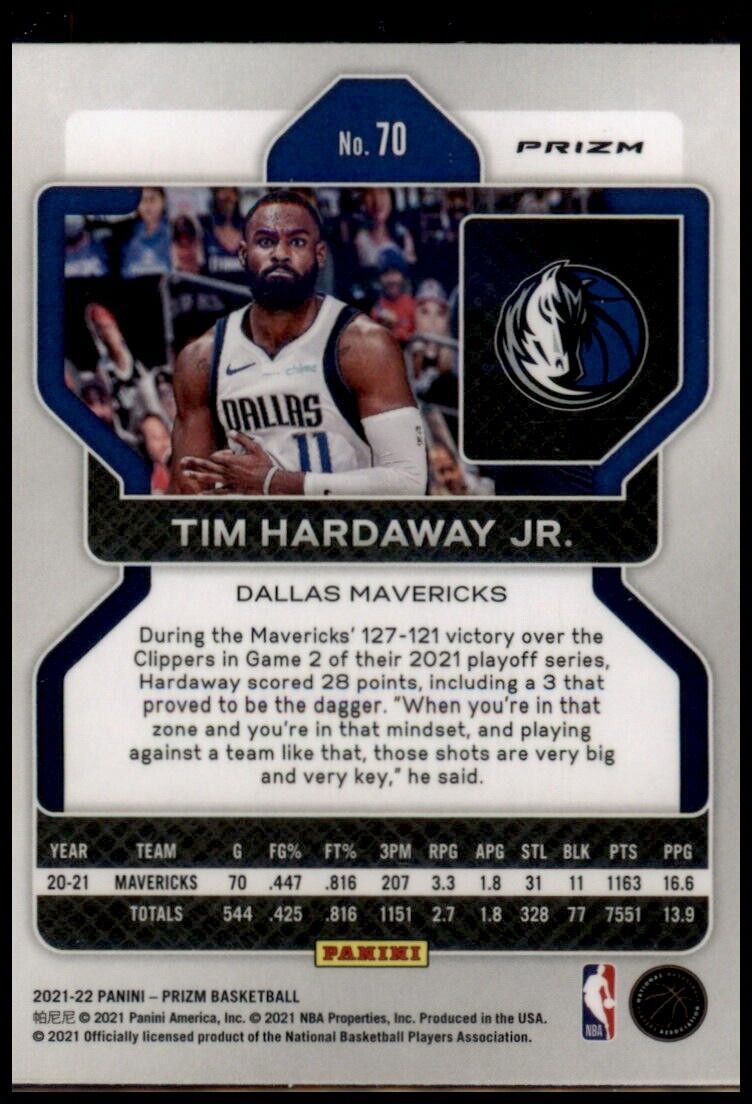 Tim hardaway jr. 2021-22 panini prizm silver ice #70 dallas mavericks