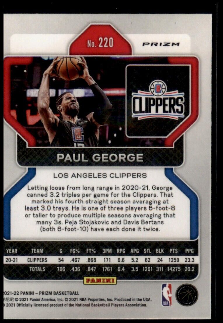 Paul george 2021-22 panini prizm #220 silver ice prizm los angeles clippers